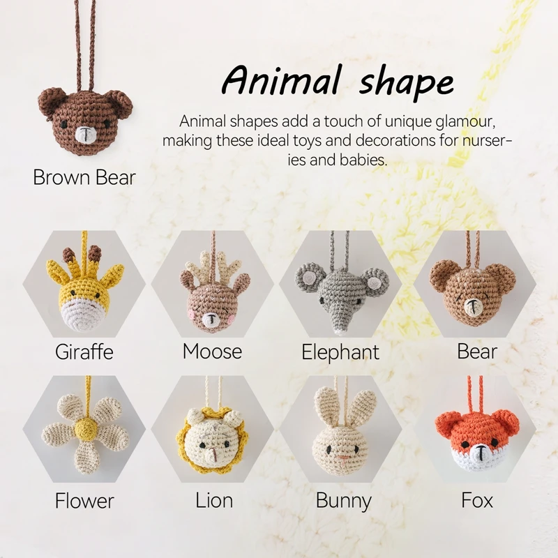 Handmade Crochet Animal Pendant Wooden Baby Play Gym Mobile Rattle Newborn Sensory Pendant Gift Handmade Stroller Accessories