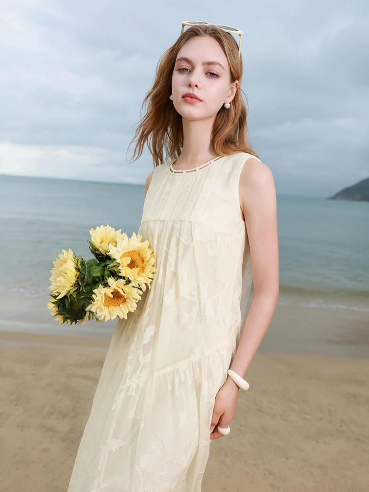 Tee-Color Summer 2025 Floral Cutout Svel round Ne Loose A-Line Dr Ele Commute Sle Polyester Fiber Long Dr