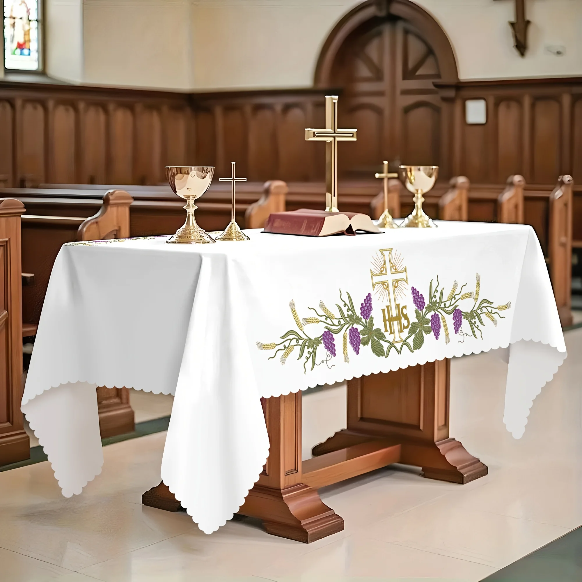 Large Golden IHS Grapevine Religious Rectangle Tablecloth for Table Decor Reusable Kitchen Dining Tablecloth Religious Decor