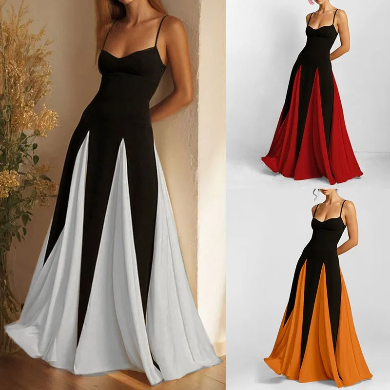 

Long Dress V Neck Sleeveless Spaghetti Strap Dresses Fit And Flare A Line Skirt Maxi Dress Black Base Red Panel Evening Dress