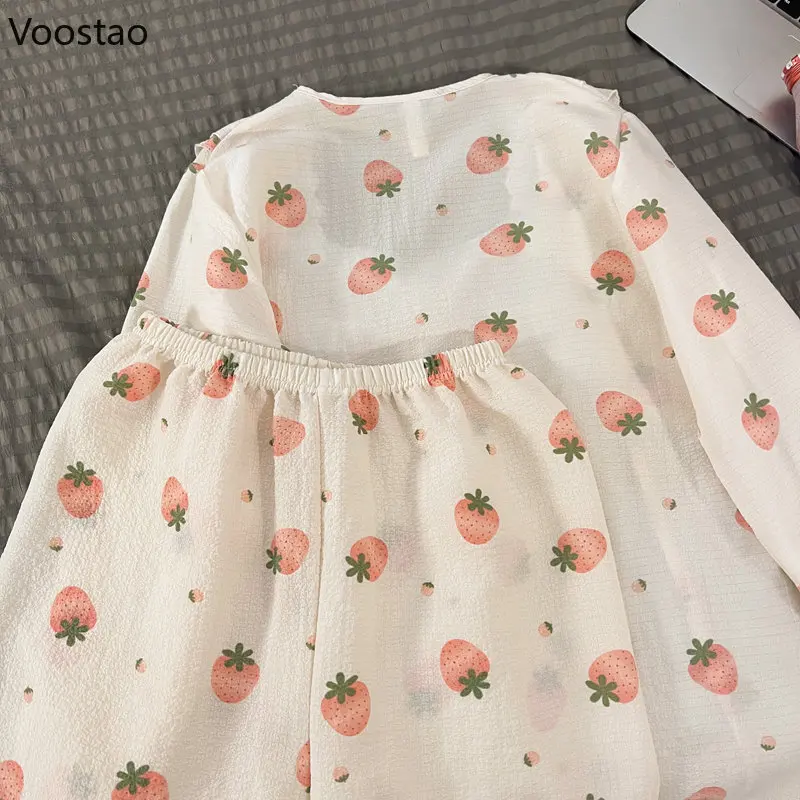 Spring Autumn Sweet Lolita Pajamas Suit Women Kawaii Lace Bow Strawberry Print Long Sleeve Tops Pants 2 Piece Set Girl Sleepwear