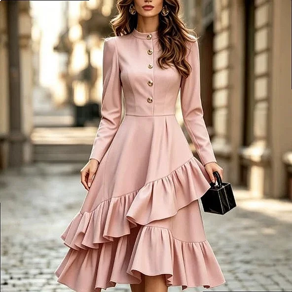 Solid Round Neck Faux Button Waist Cinched Ruffle Hem Dress Dresses Spring Summer