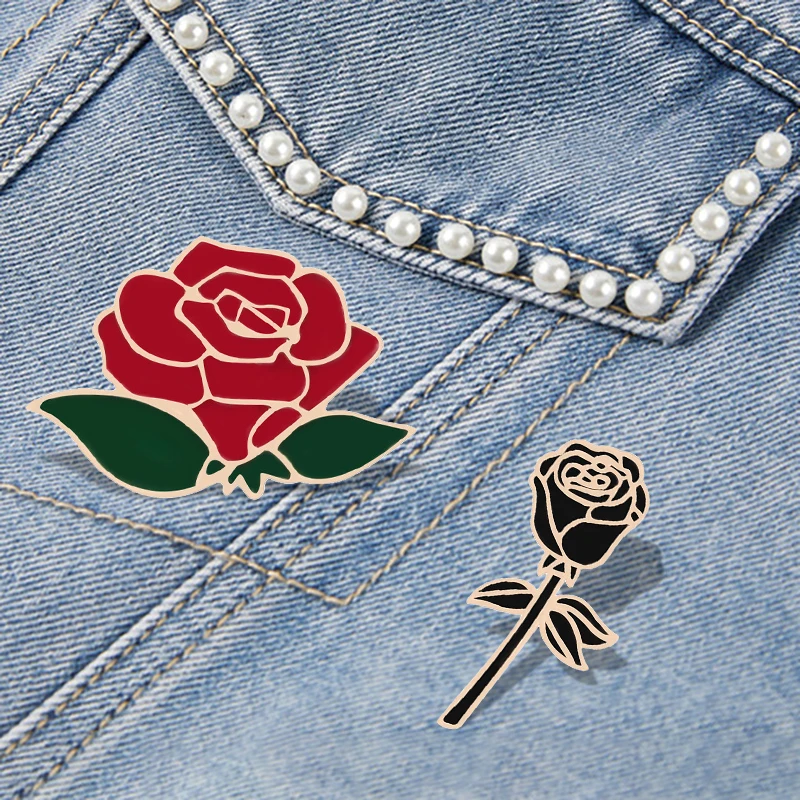 Pin insignia para mujer, broche de Metal con diseño de rosa roja y negra, alfileres para pareja, regalo romántico, citas, joyería de boda, solapa de flores de moda, 2 piezas