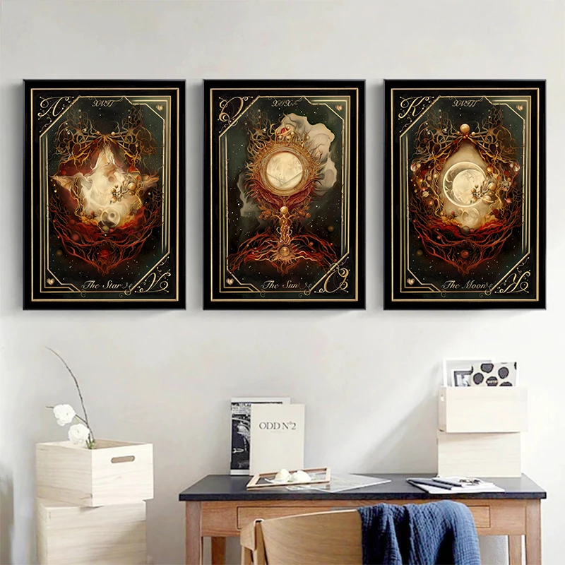 Cosmos Tarot Card Moon Sun Heart Posters Golden Carroll Magic Canvas Printing Prints Wall Art Picture for Living Room Home Decor