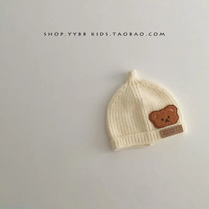 Korea Spring Autumn Kids boys Hat Candy Color Baby Boys Knit Hat Baby Girls Bear Head Embroidery Kids Knitted Hat