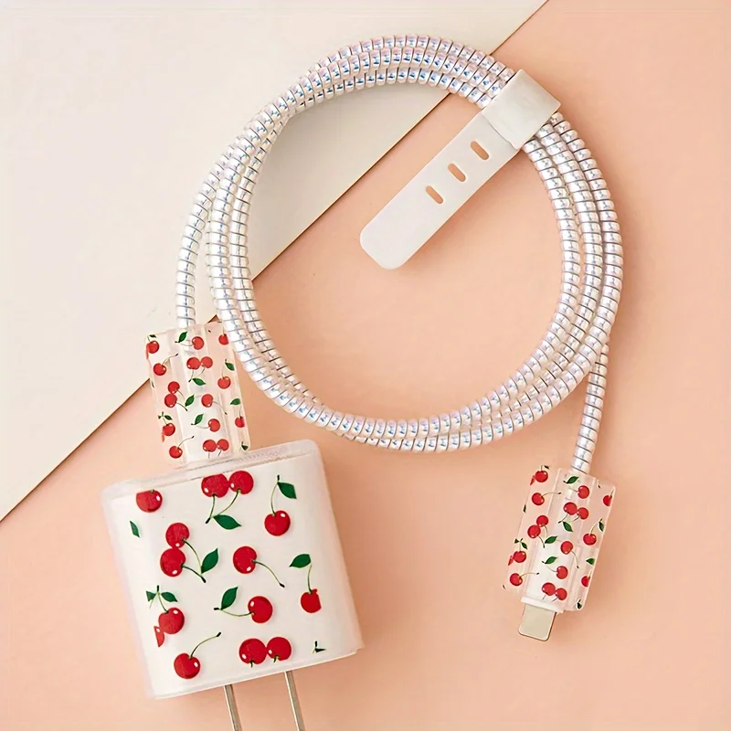 Cute Cherry Pattern Charger Protector Case Cover For iPhone 20W 18W USB Adapter Charger Cable Management Cord Winder Accessories