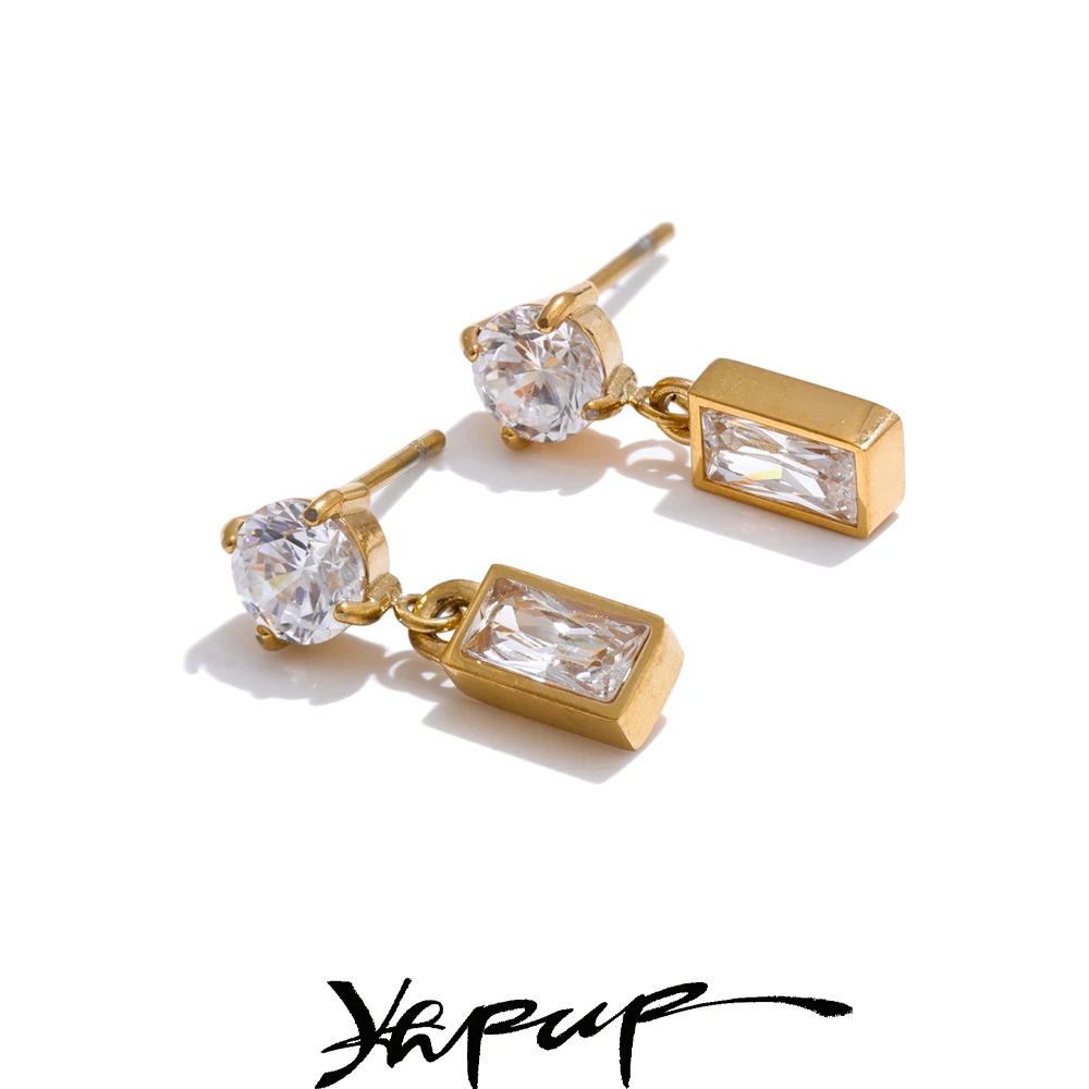 Yhpup wysokiej jakości AAA cyrkonia prostokątne kolczyki wiszące 2025 stal nierdzewna delikatny koreański styl codzienna biżuteria na prezent