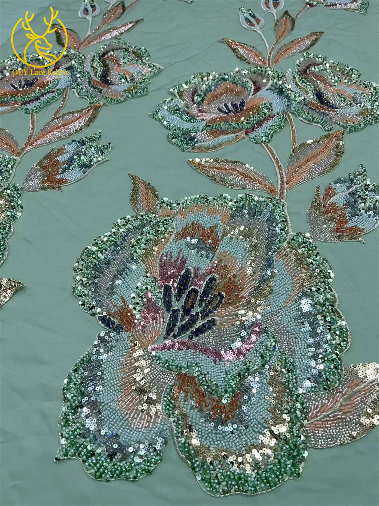 Nigeria Große Blumen Perlen-Spitzenstoff 2026 Luxuriöser Afrikanischer Spitzenstoff 5 Yards Französischer Pailletten-Spitzenstoff für Party- und Abendkleider – Detail 21