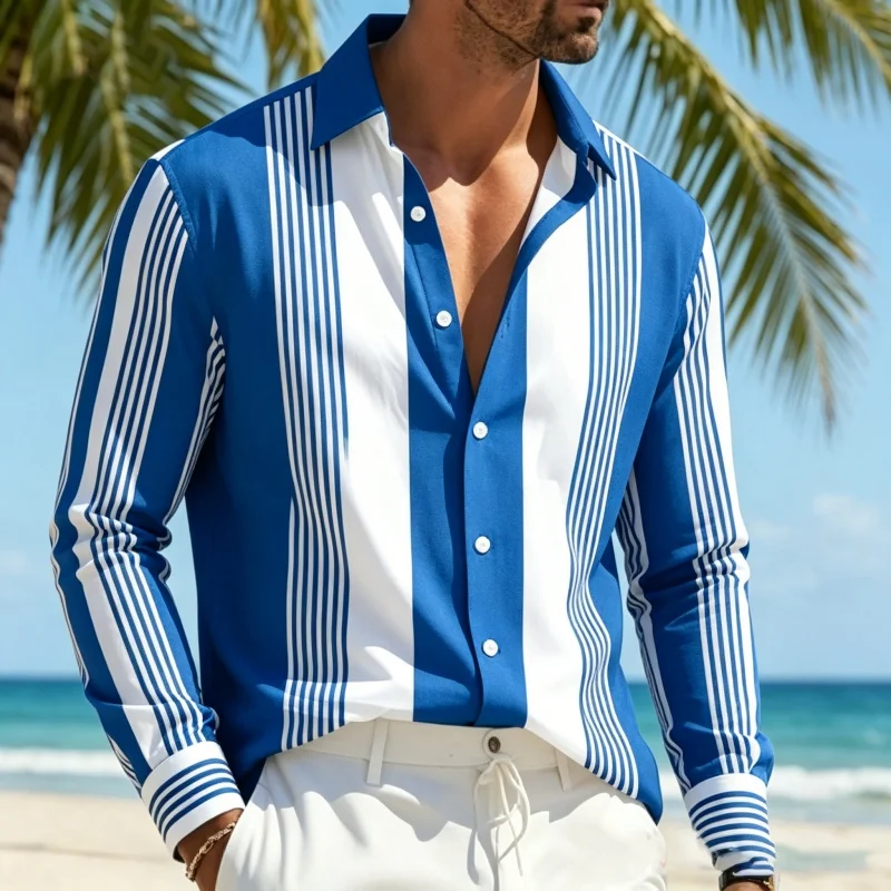 Men's Vertical Stripe Contrasting Splicing Long Sleeved Lapel Button Up Shirt  Smooth  Skin Friendly  Breathable  Lightweight Fa