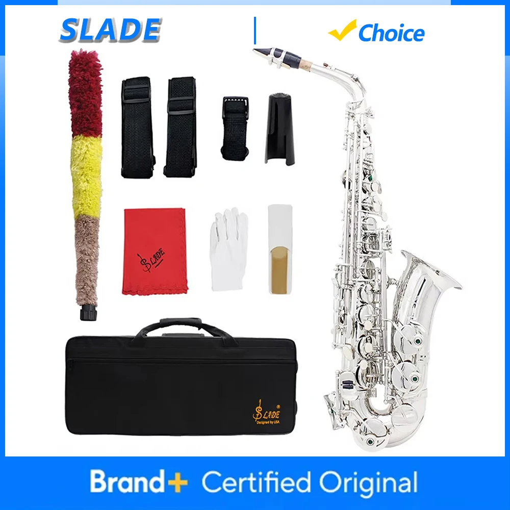 

Саксофон альт SLADE, латунный корпус, саксофон Eb, серебристый, с кейсом, тростниками, перчатками, запчастями и аксессуарами, духовой инструмент