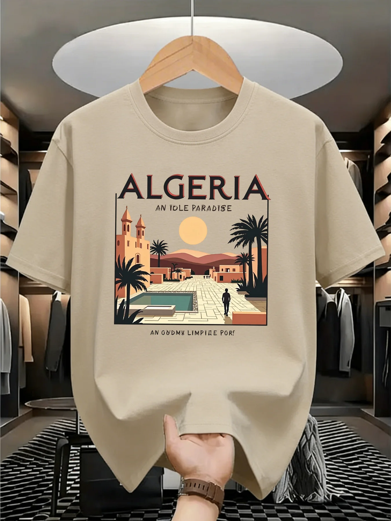 Stylish Travel-Inspired Algeria Tee with Warm Desert Town and Palm Tree Design 100% Cotton Men's T-shirt Summer Casual Outfit