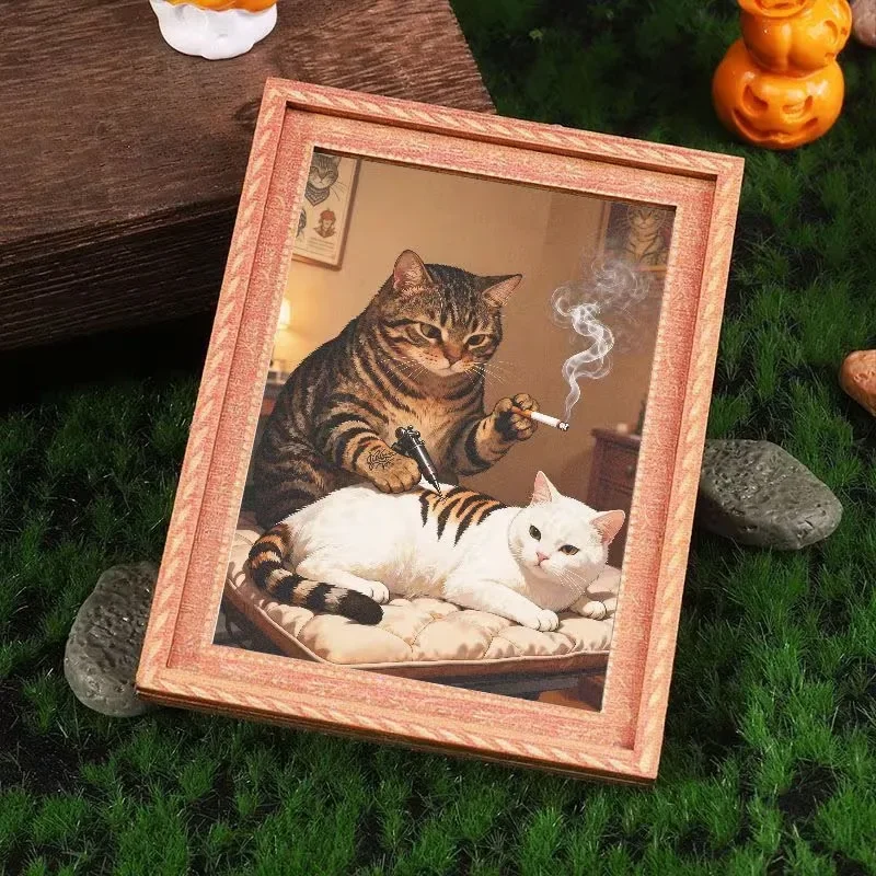 Funny Tattoo Cat Wooden Fridge Magnet Cool Tattoo Cat Refrigerator Magnet Whimsical Art for Home Office Decor Creative Gift