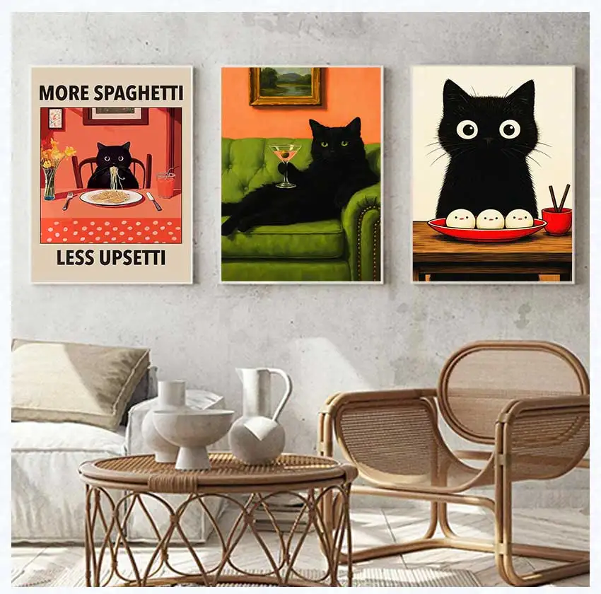 Cat with Cocktail Smoking Poster Canvas Painting Print Wall Art for Living Room Home Decor More Spaghetti, Less Upsetti Black