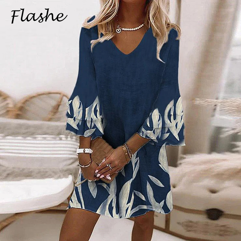 Women Ruffles Mini Dress Summer Fashion Elegant V-Neck Floral Print Patchwork Dresses Loose Pocket Casual Beach Party Vestidos