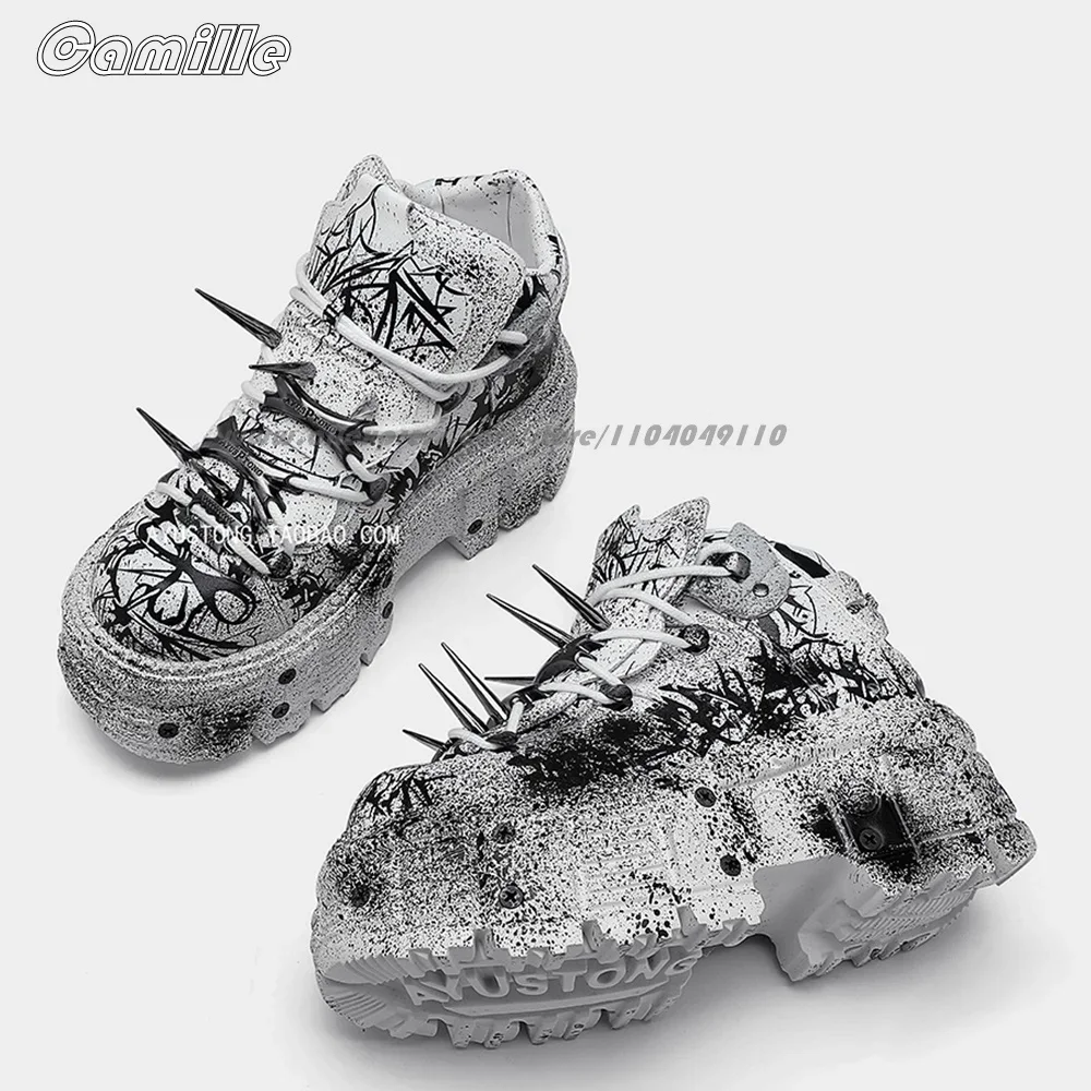 

Ботильоны на шнуровке с металлическими заклепками спереди в стиле рок-панк, размер на платформе с круглым носком 35–45, женские мотоциклетные ботинки, повседневные ботинки на каблуке 8 см