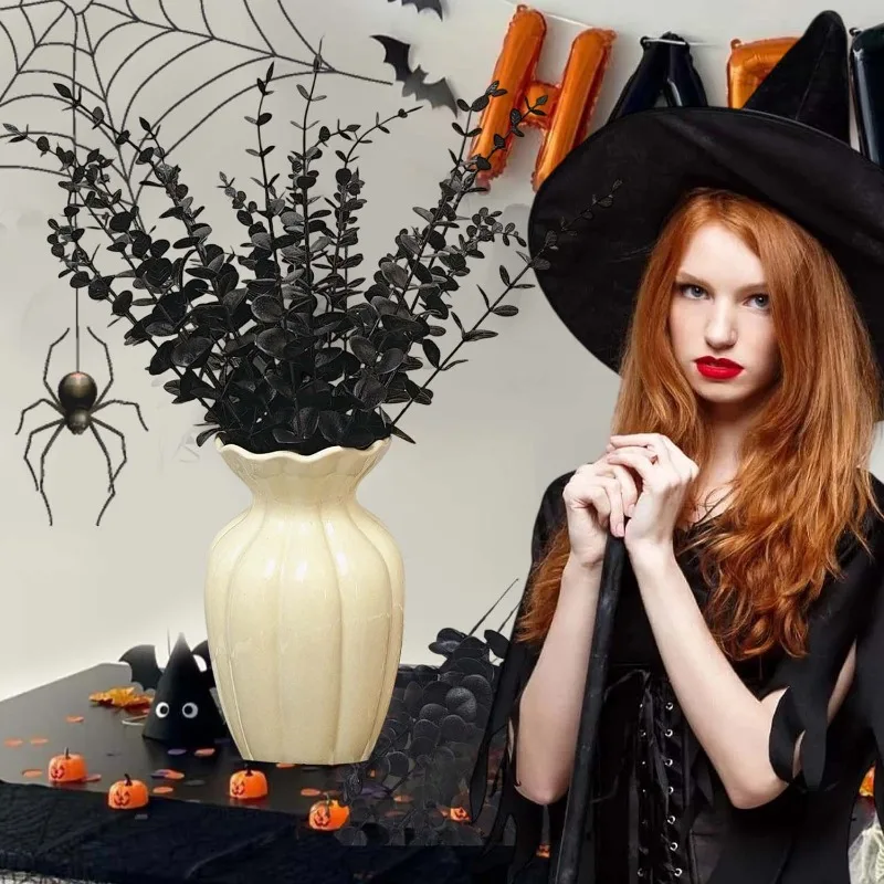 50/10x فروع الأوكالبتوس الاصطناعية السوداء محاكاة الزهور ينبع هالوين الشكر الحلي DIY بها بنفسك ديكور المنزل الجدول #3