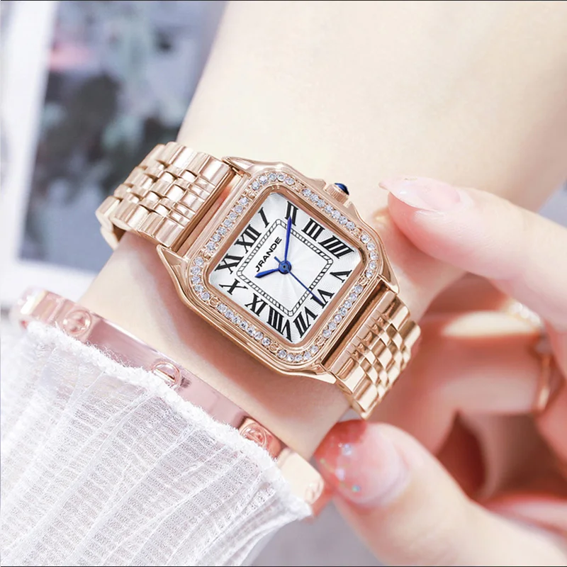 Luxury Brand Watches Women Steel Silver Original Waterproof Female Quartz Hand Clock Elegant Square Ladies Wristwatches Rose