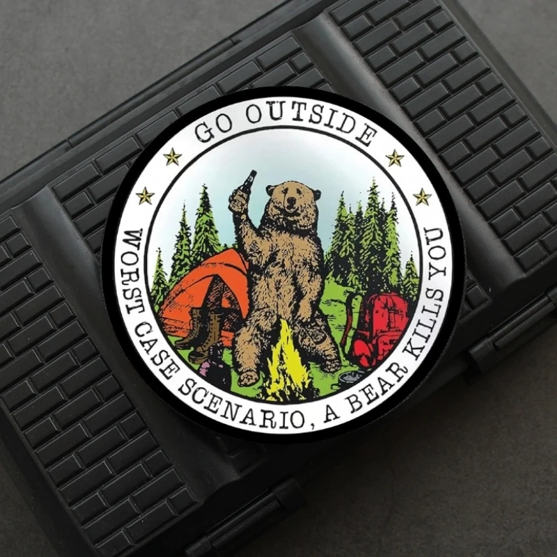 Forest Camping Danger Warning Morale Badge Wild Bear Print Hook and Loop Patches Tactical Armband Backpack Sticker