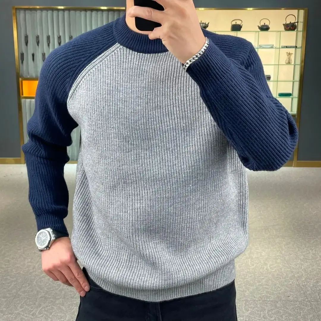 Maglione pullover a blocchi di colore caldo alla moda autunno e inverno, maglione base da uomo europeo e americano ampio e casual