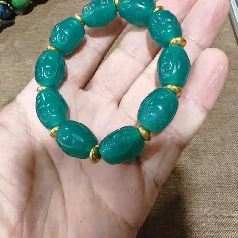 Teal Green Ruyi Carved Oval Lampwork Glass Bead Bracelet Gold Spacers Unisex Retro Bohemian Elastic Handcrafted Wrist Jewelry