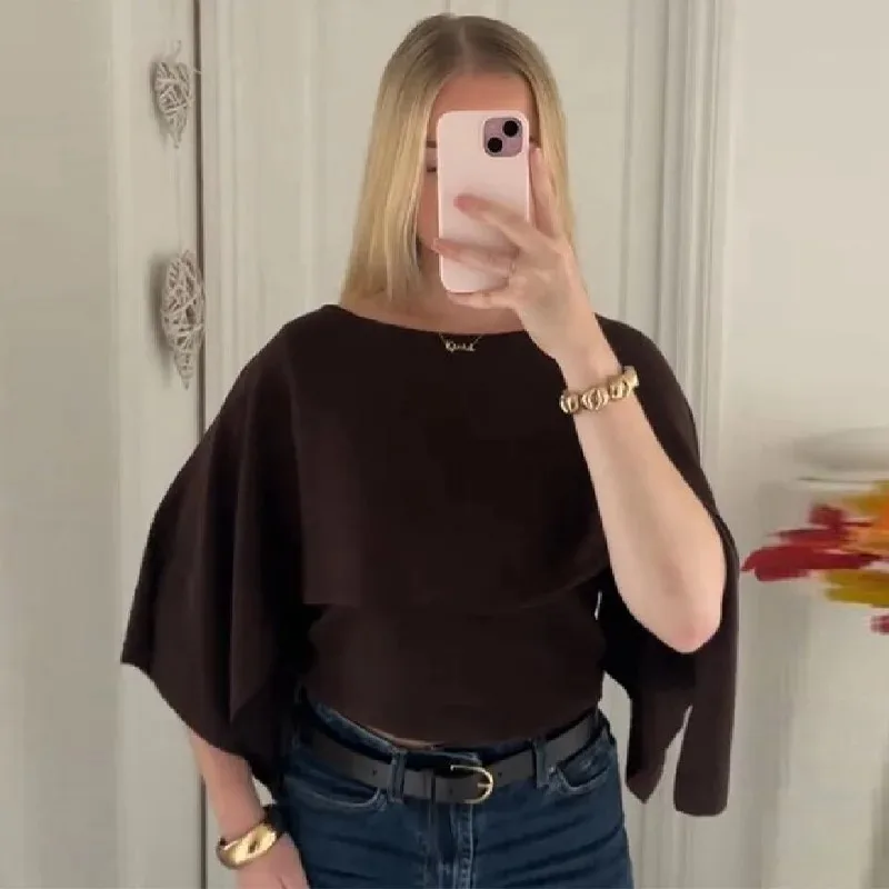 

Fashionable Casual Cape Knit Brown Round Neck Slim Irregular Loose Short Top 2026 Autumn New Women's Street Style