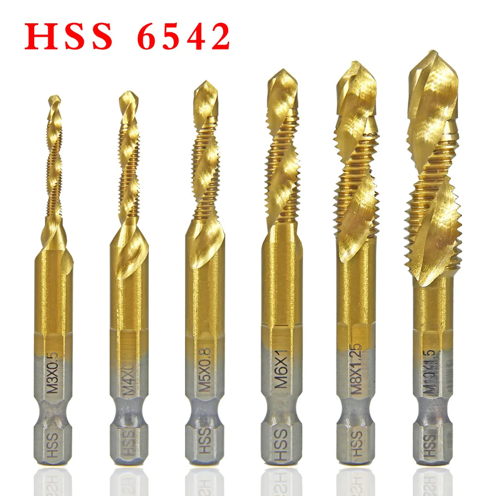 M3 M4 M5 M6 M8 M10 Tap Drill Bits 1/4 Hex Shank Machine Hand Taps Titanium Coated HSS Drilling Tap Bits Thread Screw Tools