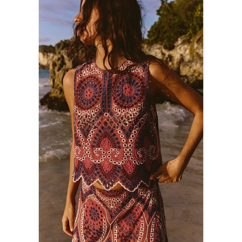 Comfortable round Ne Svel Embroidered High Waist Midi Skirt Two Piece Set Spring Faion Women's Clothing