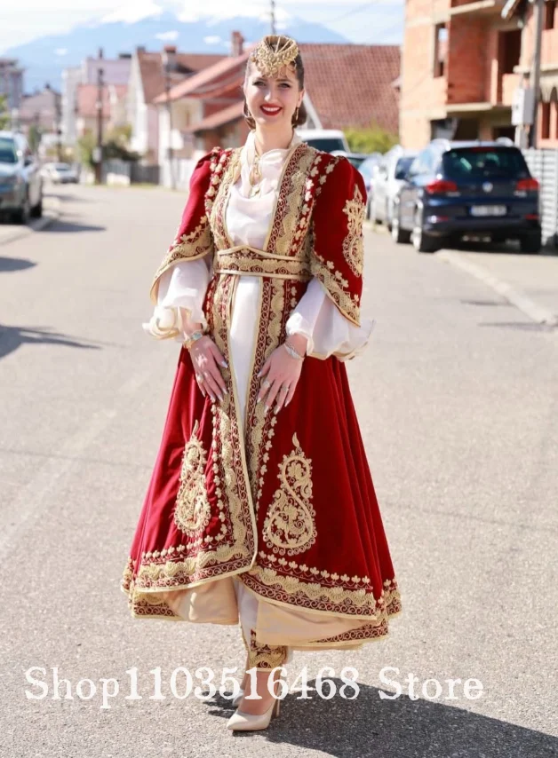 Customised Red Algerian Wedding Dress Gold Embroidered Ethnic Bridal Gown Formal Evening Gown Engagement Dress Birthday Dress