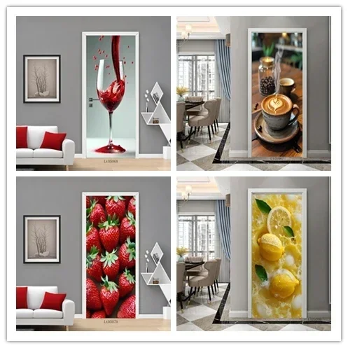 Fruit and Red Wine Pattern Door Sticker, Removable PVC Sticker, Decorative Mural, Door stickers Full Cover