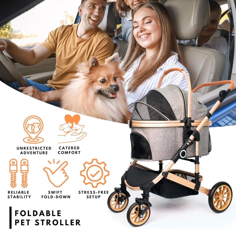 Pet Stroller with 4 Wheels, Foldable Pet Travel Carrier for Small/Medium Dogs Cats up to 50lbs, Detachble Portable Pet Bag