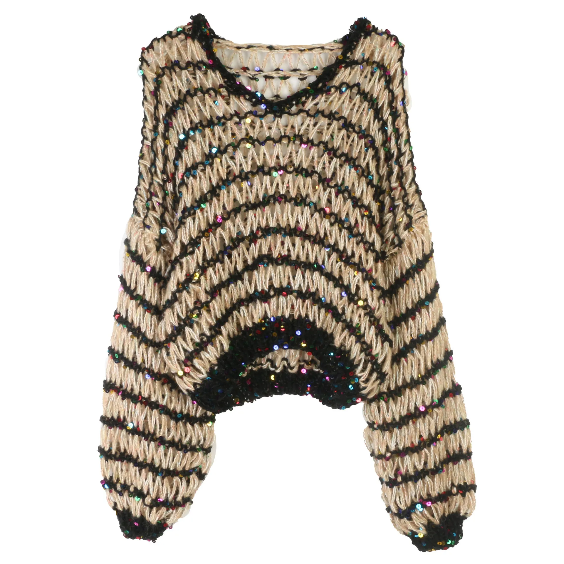 

2025 Autumn And Winter Retro Hollow Striped Sweater Knitted O-Neck Long Sleeve Casual Loose Pullover Tops Fashion Short Sweater