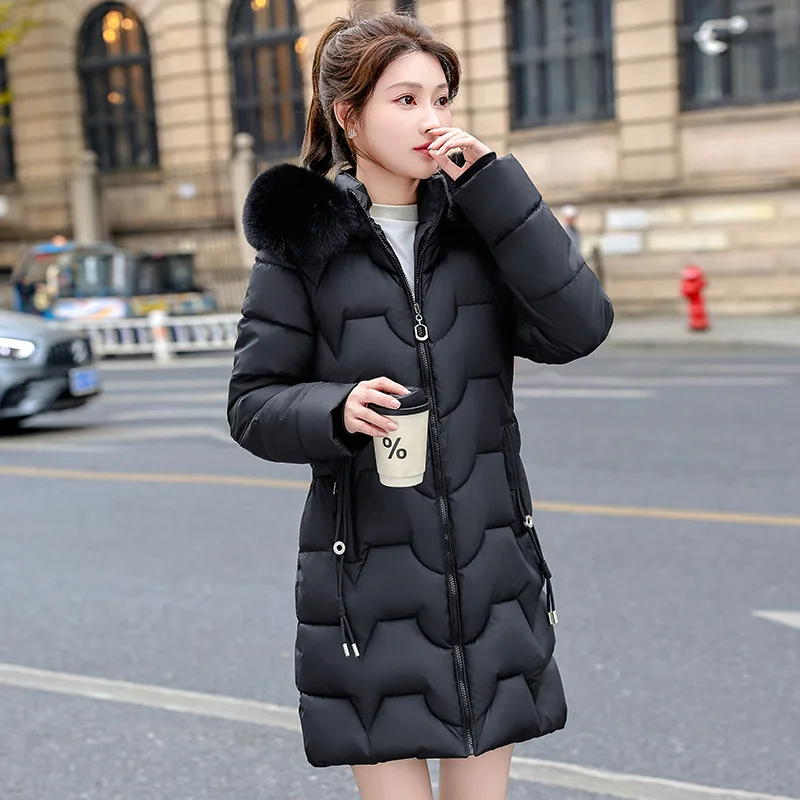 Women Mid Lenth Parkas Coat Hooded Oversize Jacket Solid Zipper Fur Collar Full Sleeve Slim Thick Office Lady Casual 2025 Winter