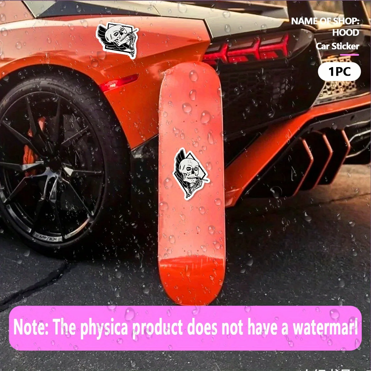 قطعة واحدة من ملصق الدراجة النارية/السيارة - جمجمة مملوءة بالحواف باللونين الأبيض والأسود، التدخين بالأجنحة -