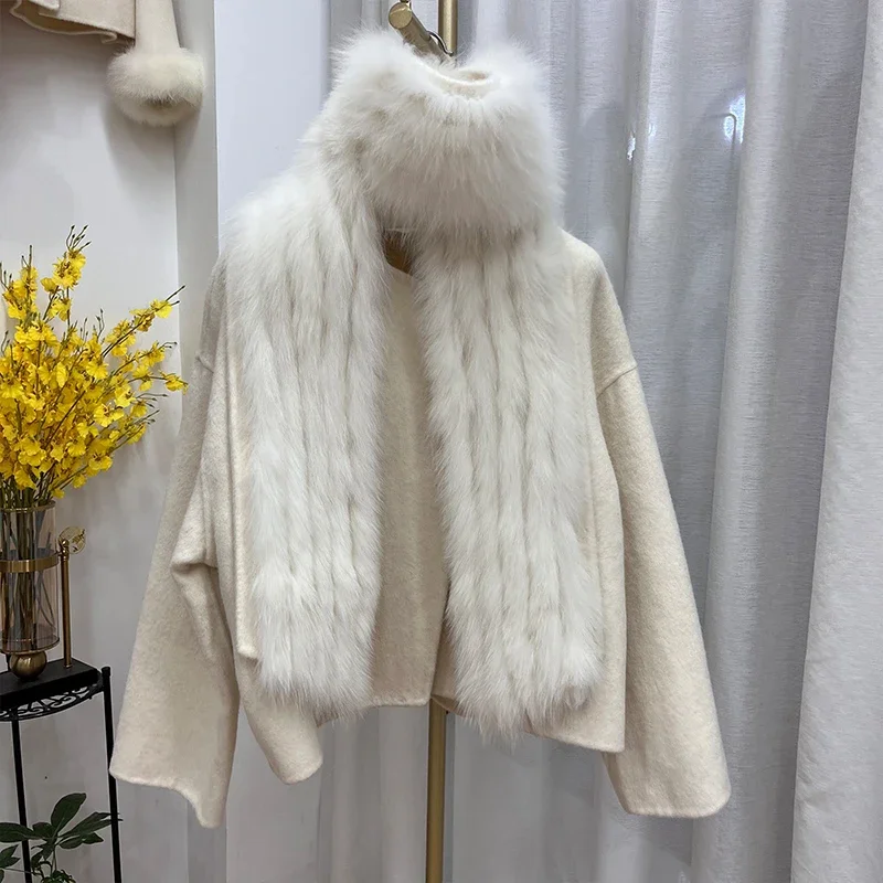 

New Winter Women Natural Fox Fur Collar Scarf Jacket Cashmere Wool Woolen Coat Real Fur Ladies Outerwear Female Coat