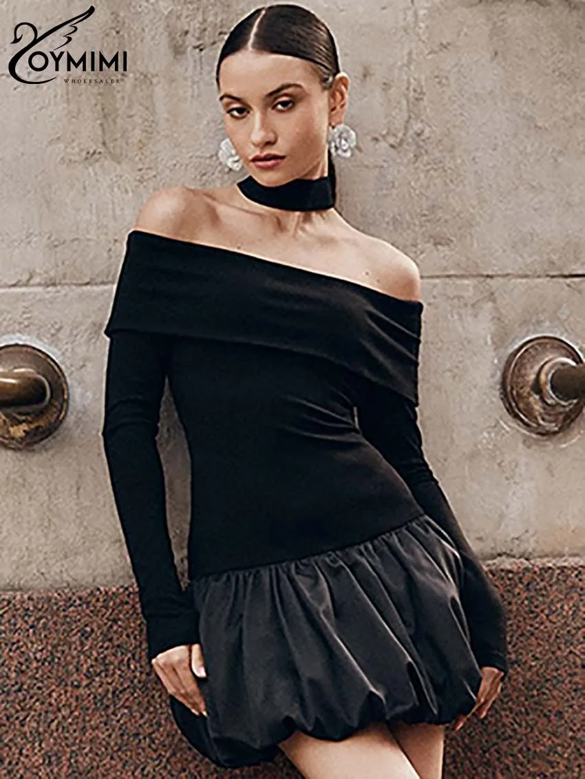 

Oymimi Elegant Balck Knitting Dresses 2024 Women Fashion Long Sleeve Strapless Slim Dresses Casual High Waist Pleated Mini Dress