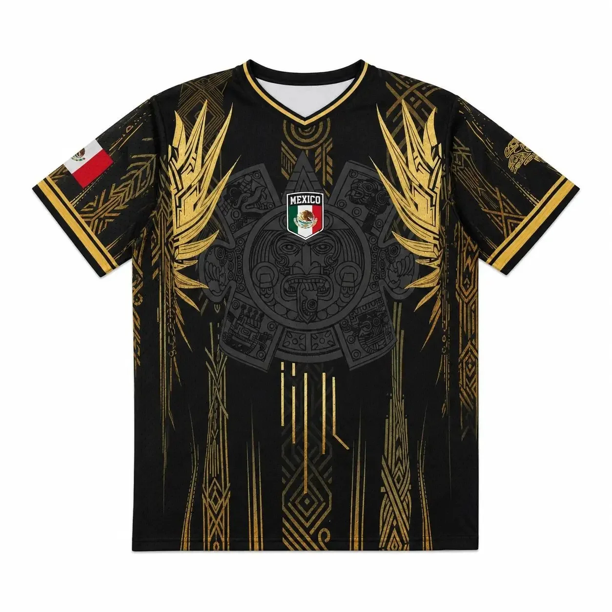 Mexican National Football Jersey Men's Aztec Pyramid Pattern V-neck Mesh Football Shirt Short Sleeved Sports T-shirt