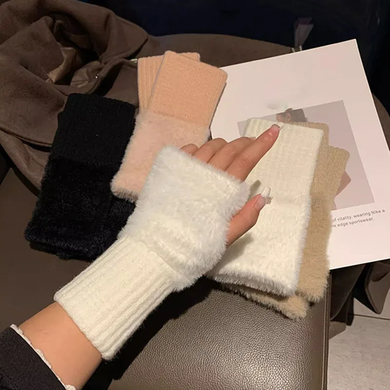 Guantes de medio Dedo de lana de visón suave para mujer, mitones de muñeca de punto de felpa blanco sólido de lujo cálido, Invierno