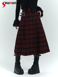 Gothic Original New Arrival High-quality Red Plaid Long Buckle Pleated Skirt Sexy Hot Girl Wrapped Belt Slit Half Length Skirts