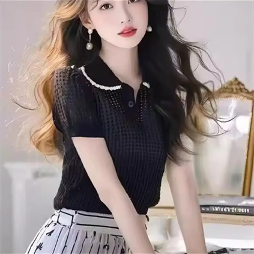 

Sweet Hollow Out Peter Pan Collar Short Sleeve Knitted Slim Solid Color Patchwork Tops 2025 Summer Tshirts