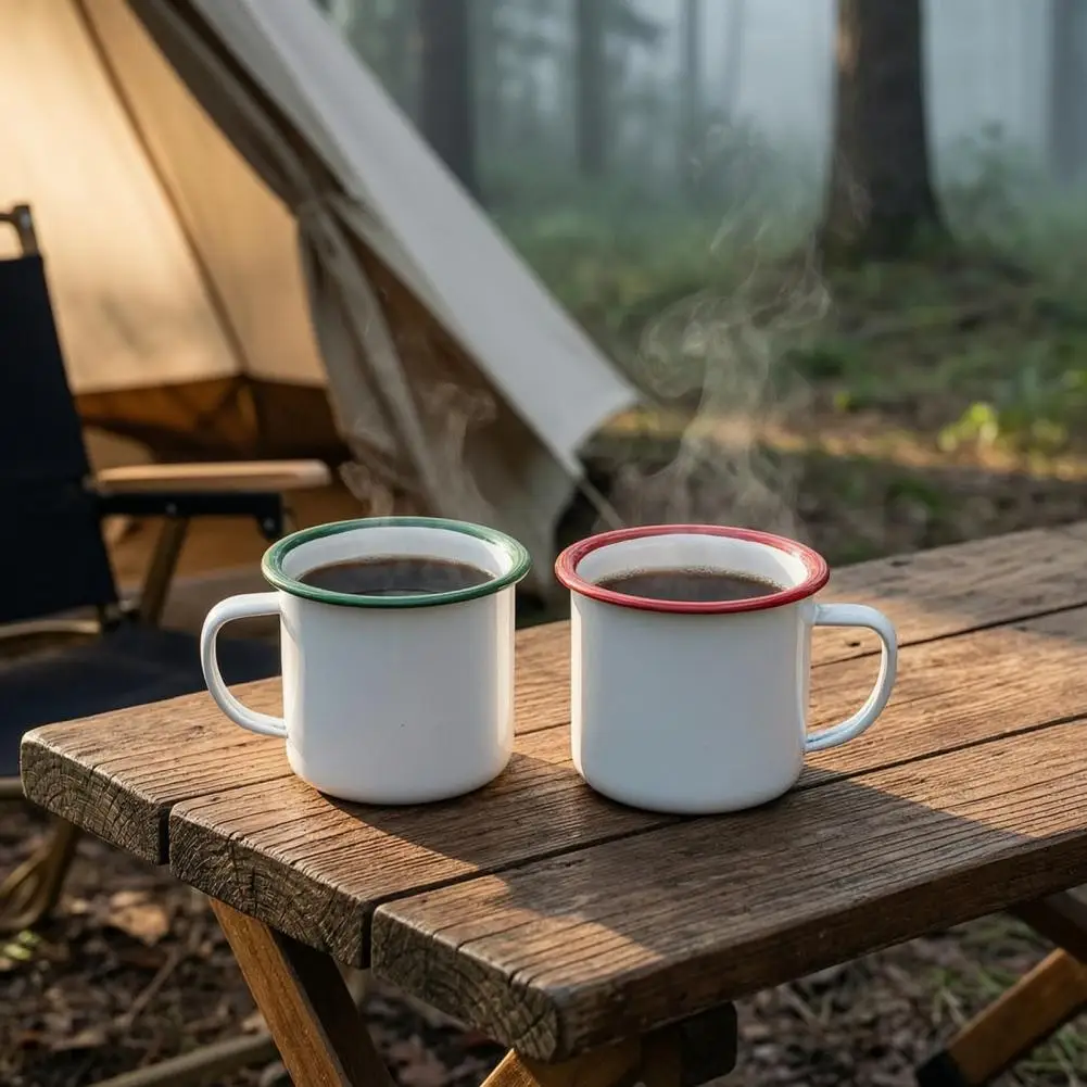 Vintage Style Enamelware for Office Enamel Coffee Mug with Multi-color Contrasting Rim 360ml Capacity Drinking Cup Durable Tea