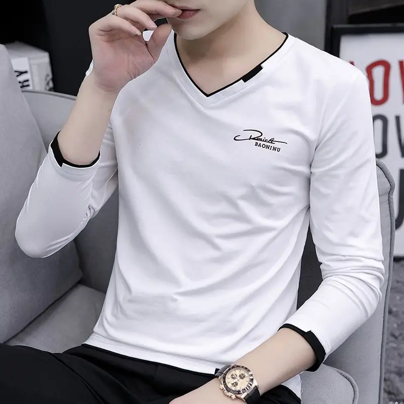 Autumn Winter Fashion Korean Simple Temperament T-shirt Man Long Sleeve Cotton V-neck Solid Color Top Pullover Casual Streetwear