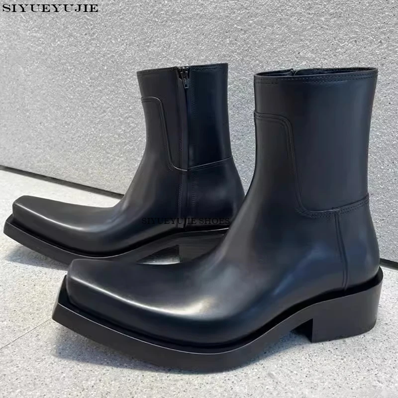 Square Toe Square Heel Women Boots Mid Calf Solid Black Side Zipper Fashion Casual Comfortable men Women Shoes 2024 New Arrival