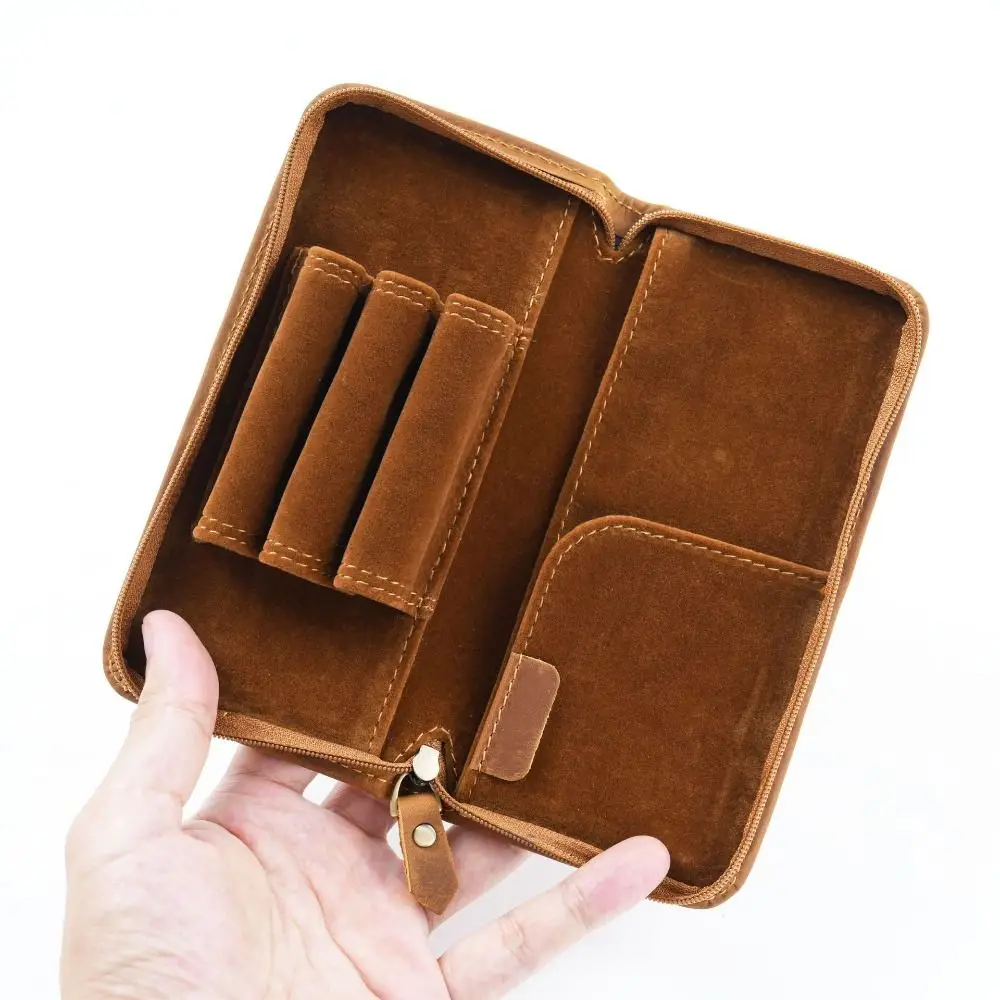 

Top Layer of Cowhide Cowhide Pen Case Zipper Closure 3 Slots Cowhide Pen Bag Large Capacity Card Holder Pen Pouch Student Use