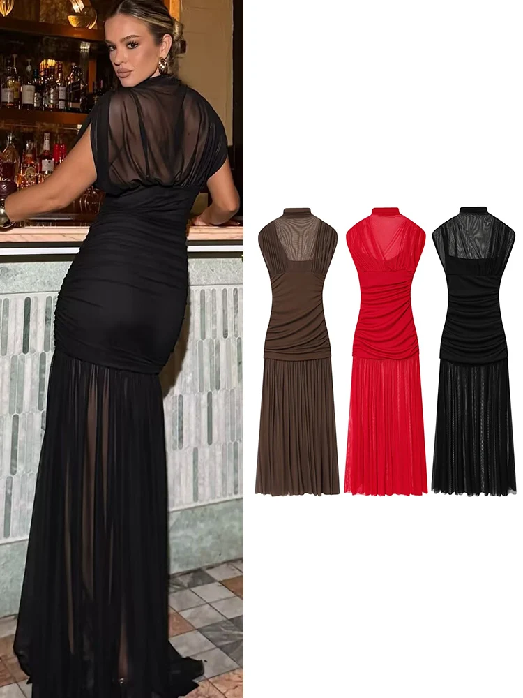 فستان ماكسي نسائي جديد موديل 2026 بتصميم شير بياقة مدورة قابلة للطي بدون أكمام أنيق ونحيف فساتين حفلات للسيدات #1