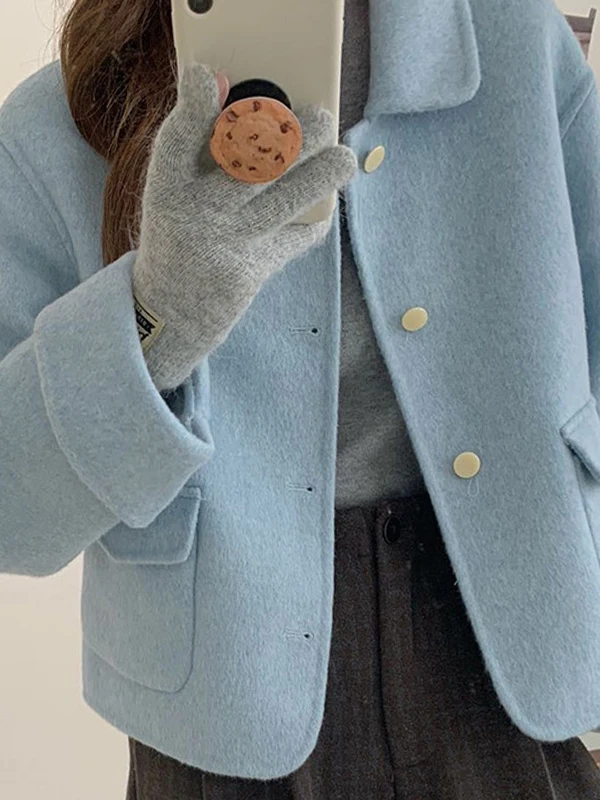 Style Double-Faced Woolen Coat Short Length Turn-down Collar Women's Jacket with Pockets Anti-aging Retro Fashion