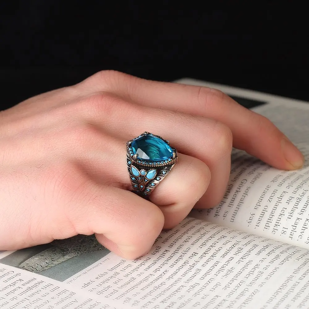 Free Shipping Blue Zircon Stone 925 Sterling Male Ring, Real Natural Stone Vintage Made in Turkey, gift for men Fashion Trendy