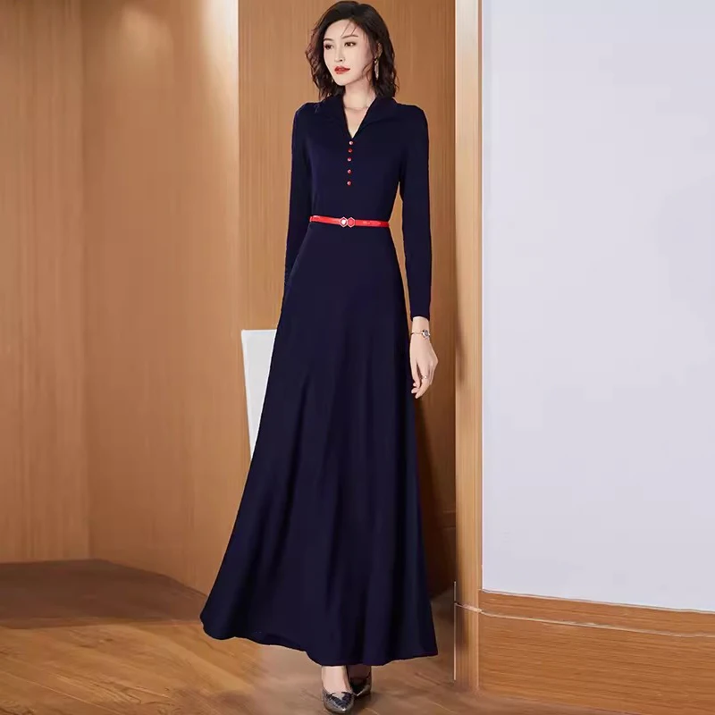 

Women Knitted Jacquard Long Dress Spring Autumn Fashion Chic V-Neck Long Sleeve Slim Dress Elegant Exquisite Overlength Dress