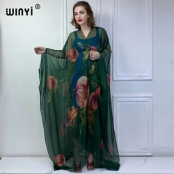 WINYI kimono summer beach wear women 2024 boho print dress Perspective sexy cardigan Holiday beach outfits for women cover up