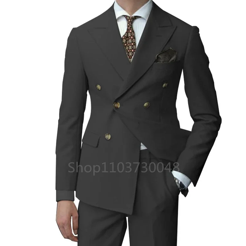 

2 Pieces Men Wedding Suits Set Fashion New Men'S Formal Business Suits Sets Peak Lapel Double Breasted Blazer Trousers For Prom