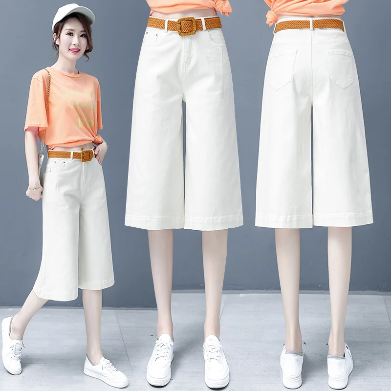 

Белые женские джинсы с высокой талией и широкими штанинами, летние тонкие брюки 7/8, свободные, стройнящие, из смесового хлопка, удобные повседневные брюки